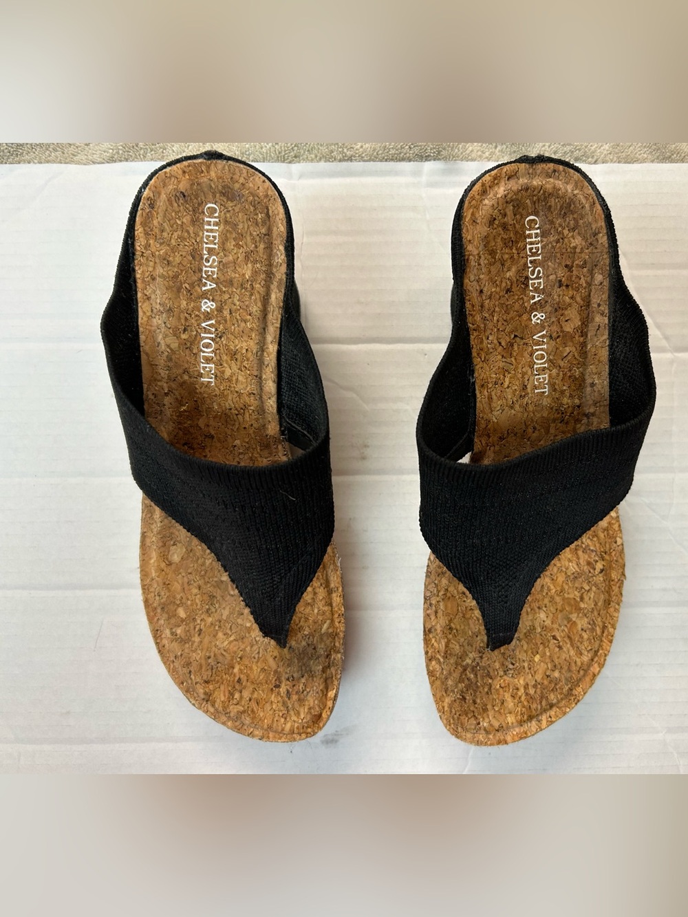 Chelsea & Violet Black Cork Wedge Thong Sandals, Size 8.5